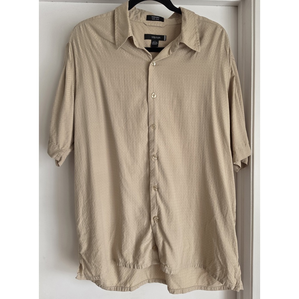 Visitor Men's Silk Button-Down Shirt Size L Beige Textured‎ Long Sleeve